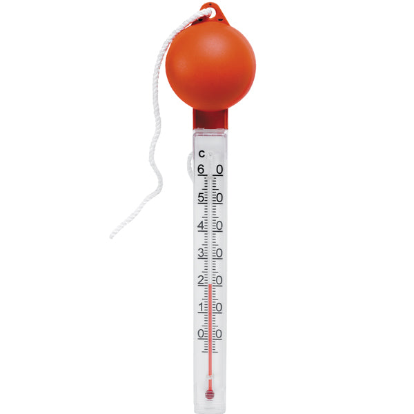 Badethermometer aus Kunststoff mit flüssiger orangefarbener Kugel.