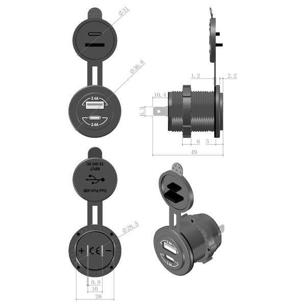 1852 indbygnings USB A & C udtag, 12/24V